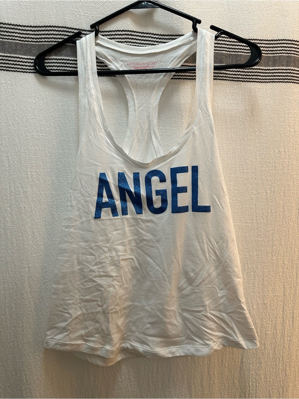 Victoria's Secret White Tank with Blue 'ANGEL' Glitter Print